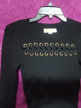 Michael Kors Black Ribbed Long Sleeve Dress with Gold Eyelet Lace-Up